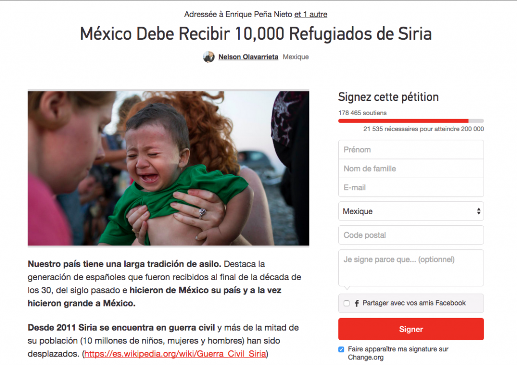 "Le Mexique doit accueillir 10 000 réfugiés syriens" - La pétition a déjà recueilli plus de 170 000 signatures.